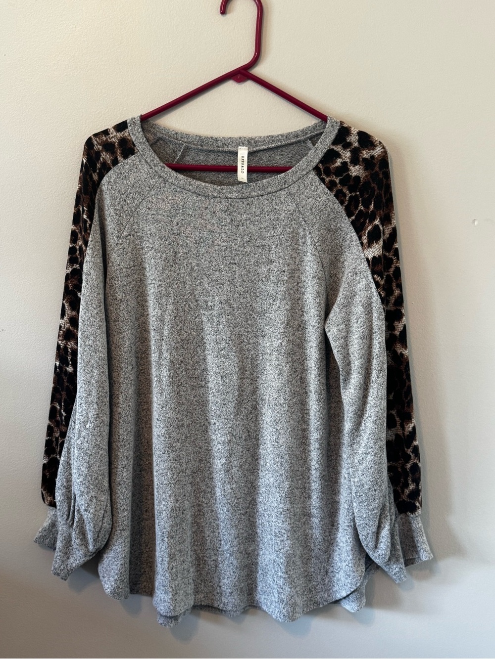 Emerald Grey Pullover with Leopard Print Sleeves